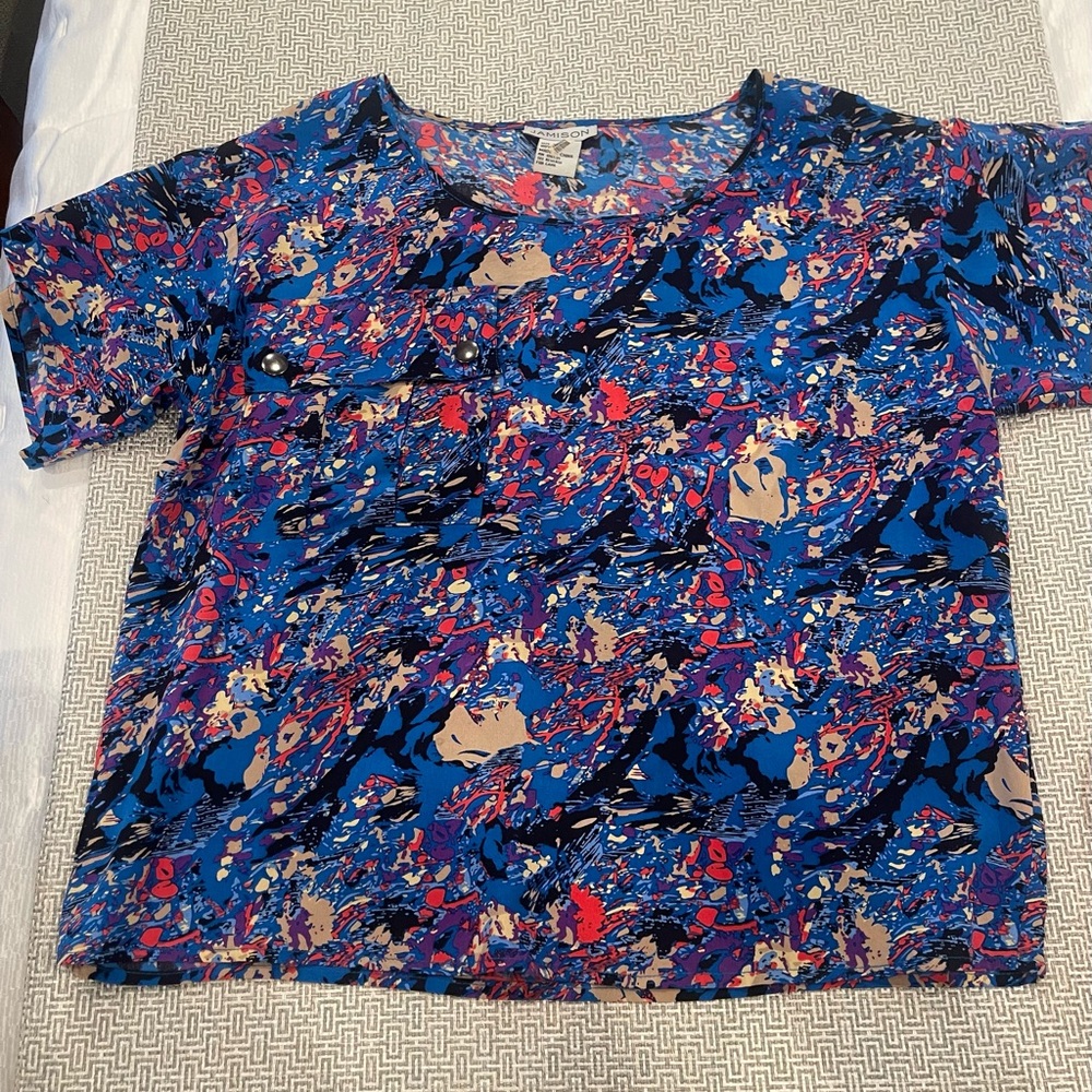 Jamison Silk Blouse XS Blue Abstract Print Short Sleeve Top